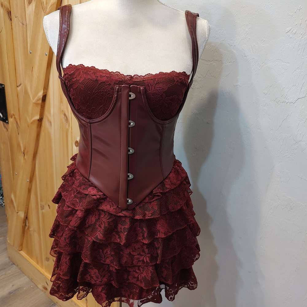 Outcast Lace Faux Leather Corset Dress Small Saloon Steampunk Cosplay WhimsyGoth